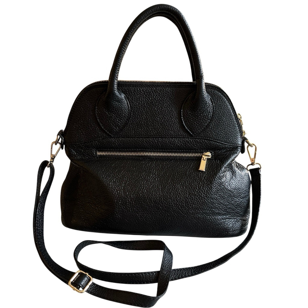L. Credi Italy Tote Bowling Bag Black Leather Crossbody Strap Pebbled